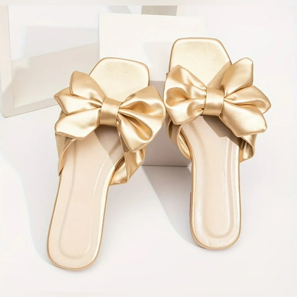 NEW Gold Metallic Bow Leather Slide Sandals Size US 9 (EUR 40) - Picture 9 of 12